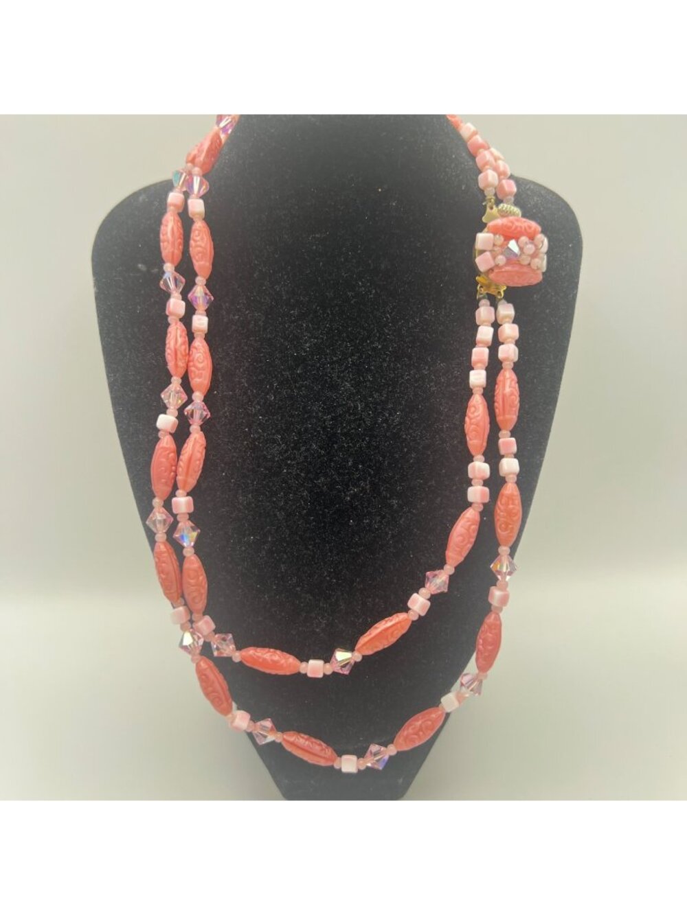 Vintage Double-Strand Pink Beaded Necklace Floral Molded Glass Facet Crystal 17"